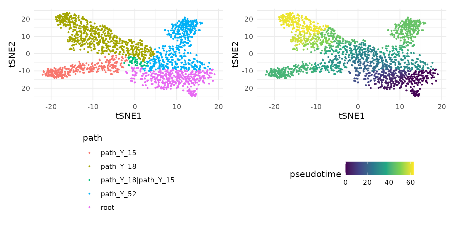 t-SNE of multi.lin.sce, coloured by path label (left) and by Monocle3 pseudotime (right).
