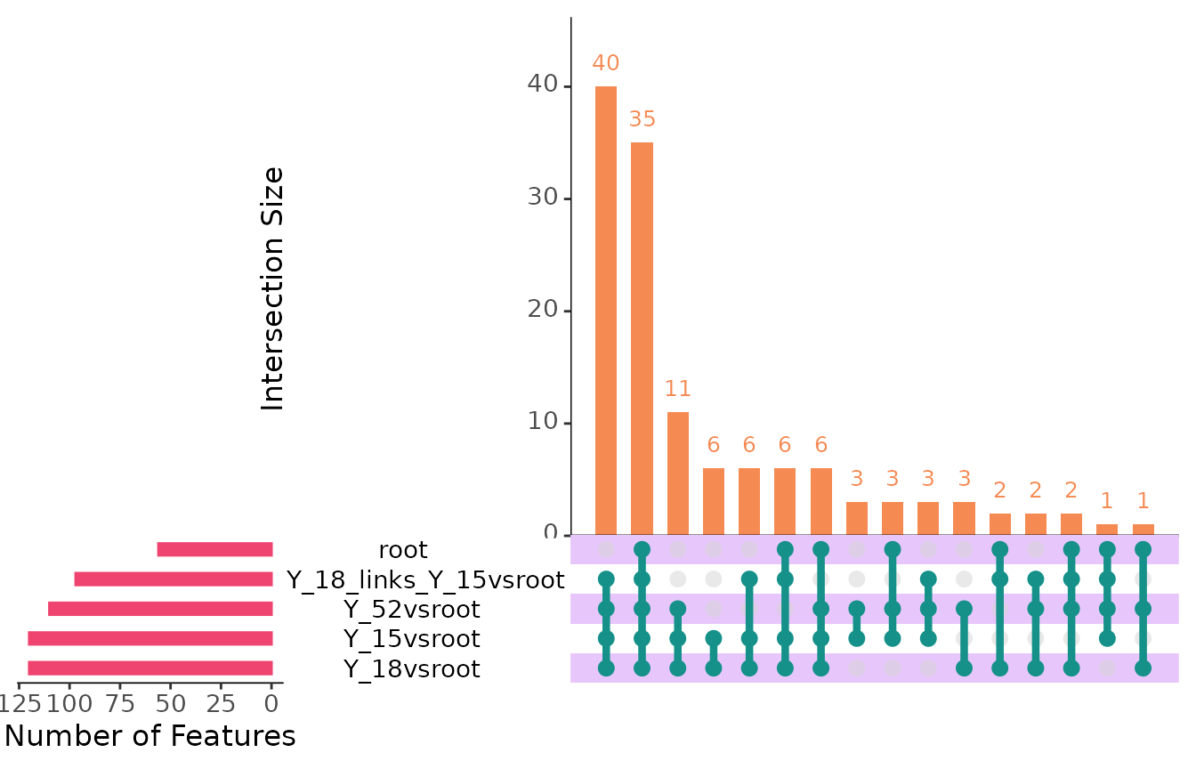 UpSet plot of the gene lists of the five segments with the root as the reference.